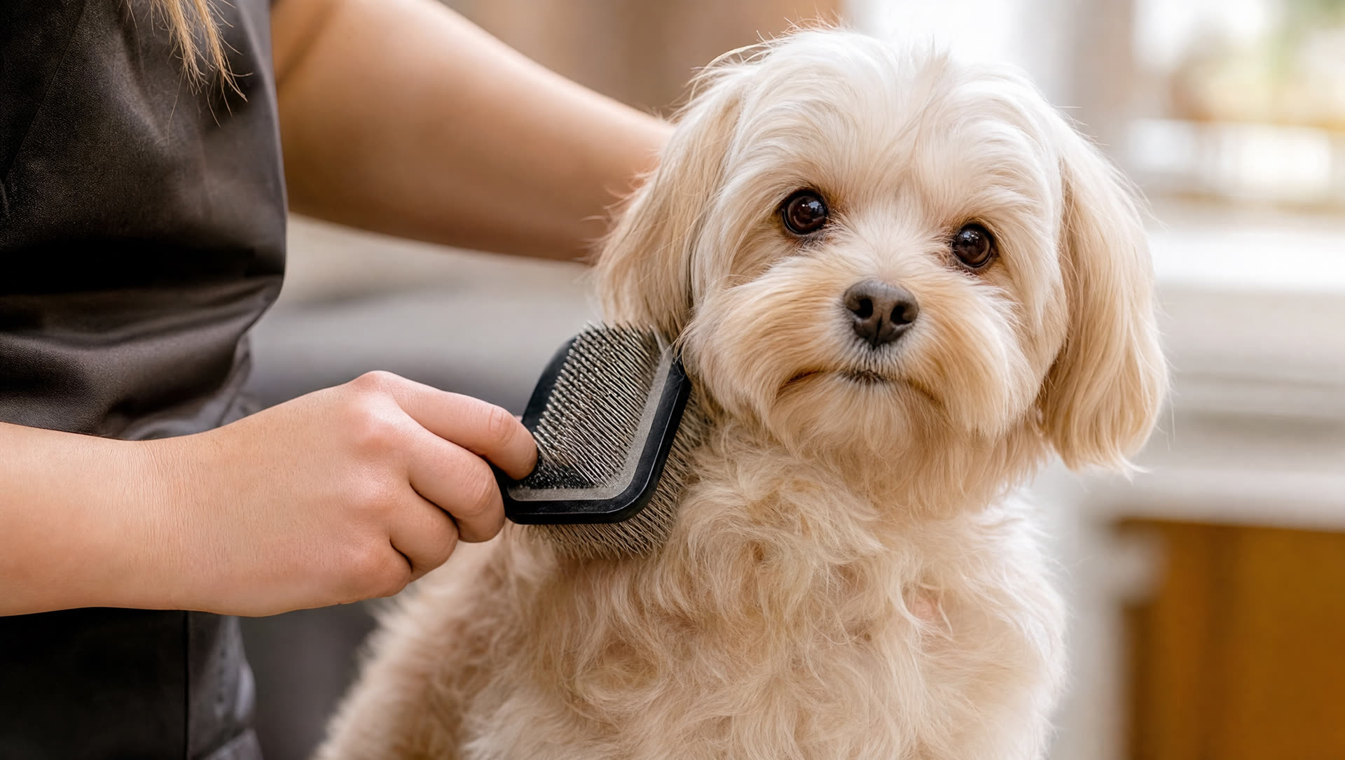 Groomer gently brushing a fluffy dog